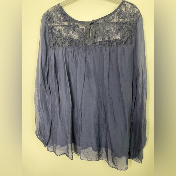 Giulia Made in Italy Boho Flowy Silk Top Blue Lace Relaxed Fit Size L - Picture 4 of 10